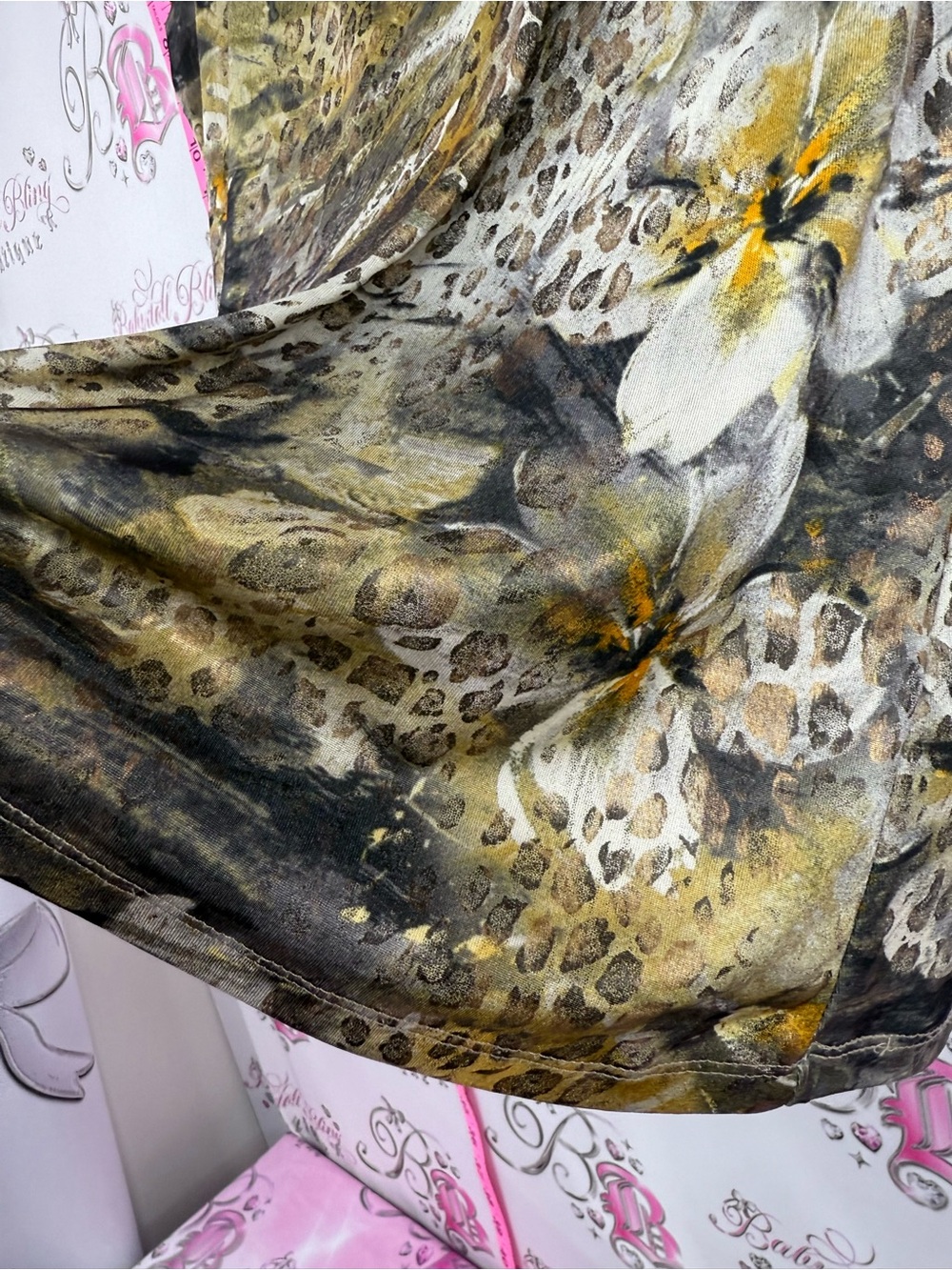 Melanie Lynn T-shirt Animal-Print Short Sleeve Cowl Neck Top - Olive & Black - Picture 6 of 9
